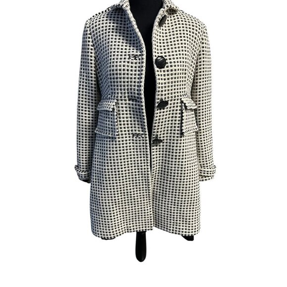 Banana Republic Wool Blend Long Coat Women M Black/White Checkered Button Closur - Picture 2 of 13